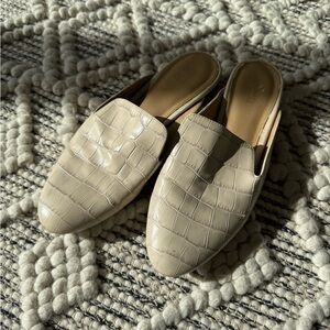 Beige Croc-Embossed Slip-On Mules